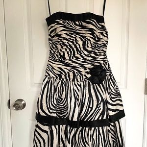 Over the top 1980s silk AJ Bari strapless zebra print dress